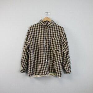 Princess Polly Women Plaid Jacket L Wool Blend Ivory Brown Button Cozy Warm 956